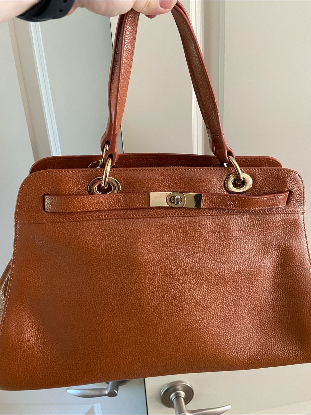 Jeanne Lottie Vegan Leather Structured Tan Satchel Handbag with Gold Hardware